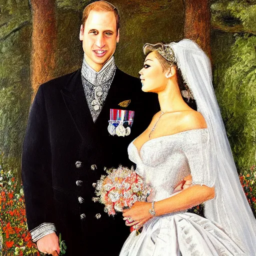 Image similar to detailed painting of prince william marrying american popstar miley cyrus, happy couple, official portrait, national portrait gallery, oil on canvas, painting