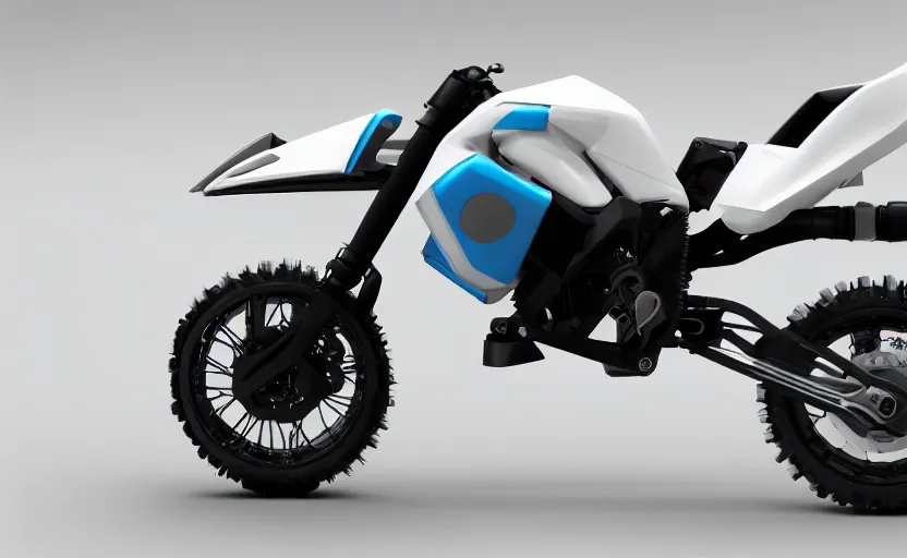 Prompt: futuristic suzuki, dakar motorbike, symmetrical mechanical features, off - road, designed by professional, fog and dirt, industrial design, northen lights background, brushed white and blue paint, black wheel rims, hard surfaces modelling, show room scene, dramatic lighting, hyper realistic rendering, octane, depth of field, bokeh effect, 1 5 0 mm, 4 k