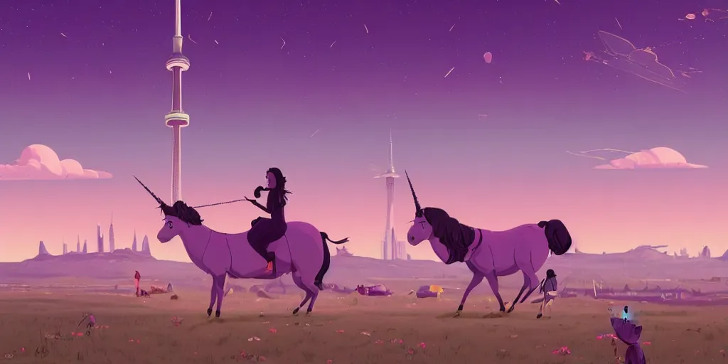 Prompt: illustration of a black - haired woman with a unicorn and tan skin with purple clouds and spaceships on the horizon and cn tower, by goro fujita and simon stalenhag and wes anderson, 8 k, trending on artstation, hyper detailed, cinematic, pixar