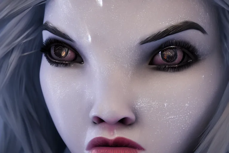 Image similar to Photorealistic render of Malevolent Ice Queen with round ice crystals on forehead in the style of Artstation, 4k Unreal Engine, reflective