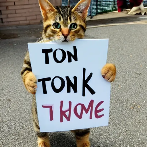 Image similar to a cute tabby cat holding a sign that says