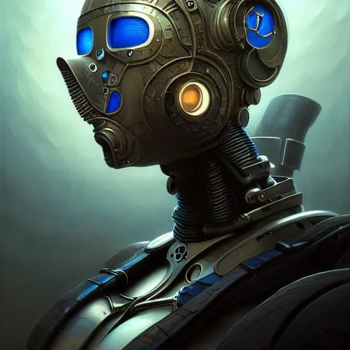 Image similar to low angle portrait shot of a cyberpunk gazmask robot character, intricate, elegant, highly detailed, centered, digital painting, artstation, concept art, smooth, sharp focus, illustration, artgerm, Tomasz Alen Kopera, Peter Mohrbacher, donato giancola, Joseph Christian Leyendecker, WLOP, Boris Vallejo