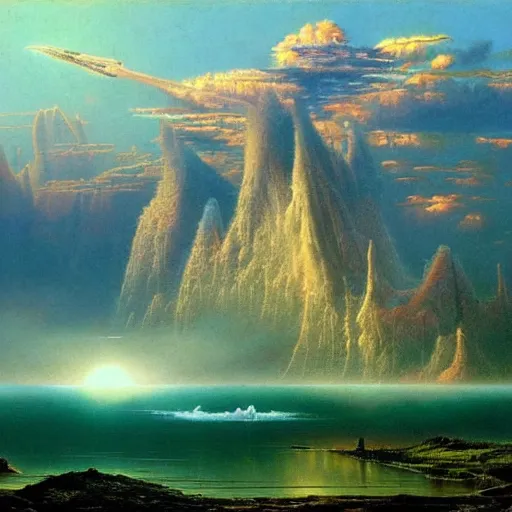 Prompt: world of bruce pennington, beautiful extremely detailed landscape oil on canvas in the style of 1 9 th century hudson river school of art