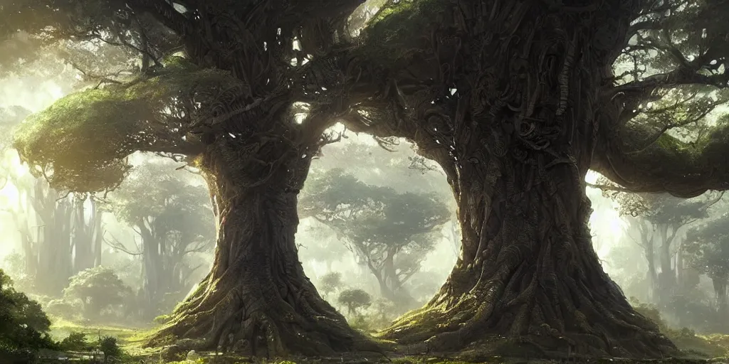 Prompt: a vast ancient tree city, greg rutkowski, 8 k, shallow depth of field, intricate detail, concept art,