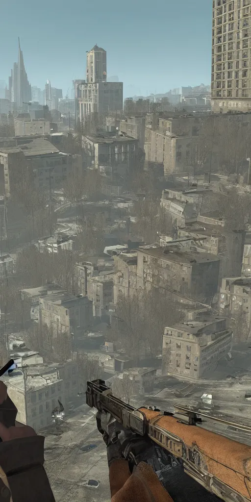 Image similar to half - life 2, city 1 7, eastern europe city, post ussr, citadel in view, extra long shot