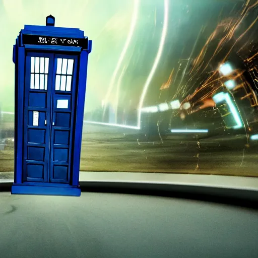 Image similar to the Tardis from Dr.Who crashing in the DeLorean from back to the future in a time tunnel 8k hyperdetailed photorealism