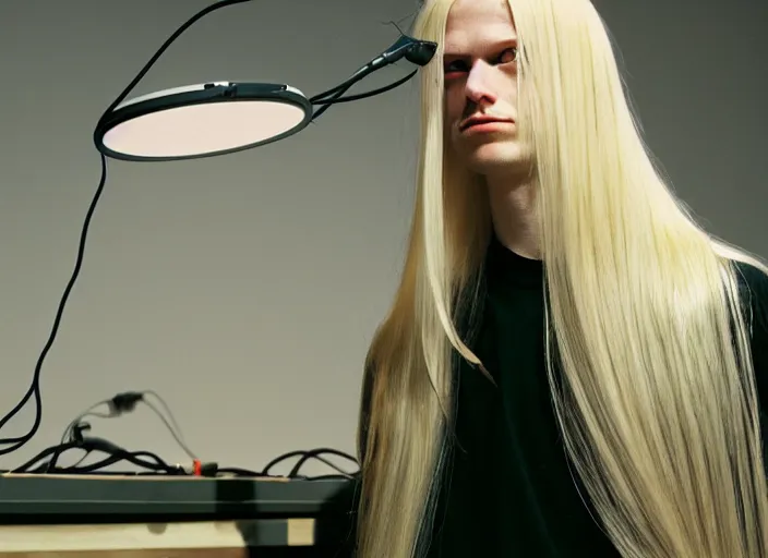 Image similar to waifish androgynous person with long blond hair on stage in front of a computer and alien instruments zeiss lens algorithm code masterpiece stage lighting photograph by wolfgang tillmans