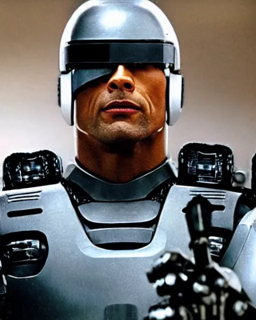 Image similar to film still close - up shot of dwayne johnson as robocop from the movie robocop. photographic, photography