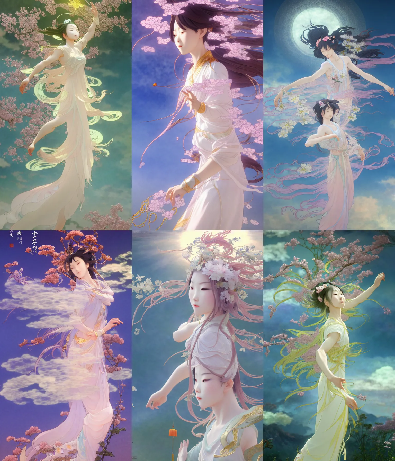 Prompt: misty clouds, chinese taoist fairy goddess. hyper detailed, character concept, full body, dynamic pose, intricate, lineart, cerpuscular rays, lily flowers. by yoshitaka amano, alfons mucha and makoto shinkai. 8 k