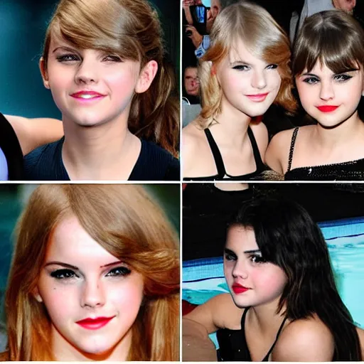 Image similar to emma watson and taylor swift and selena gomez swim together. perfect faces.