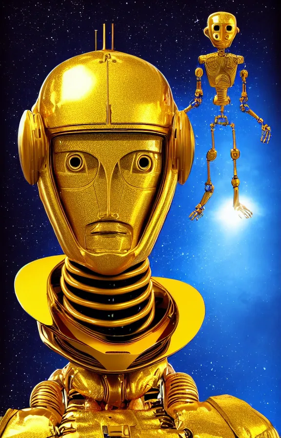 Image similar to portrait of a robot humanoid alien with golden armature and medieval helmet. Galactic iridescent background in the style of Tim white and moebius