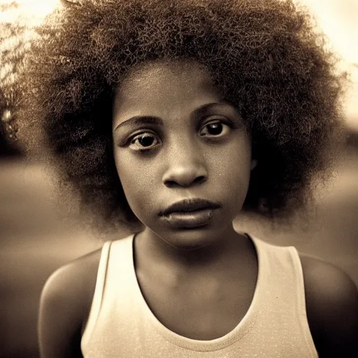 Prompt: portrait, extreme close up, sepia, teenager light - skin girl, afro hair, stares at the camera, night sky, stars, bruce gilden, leica s, fuji 8 0 0, grainy, low light