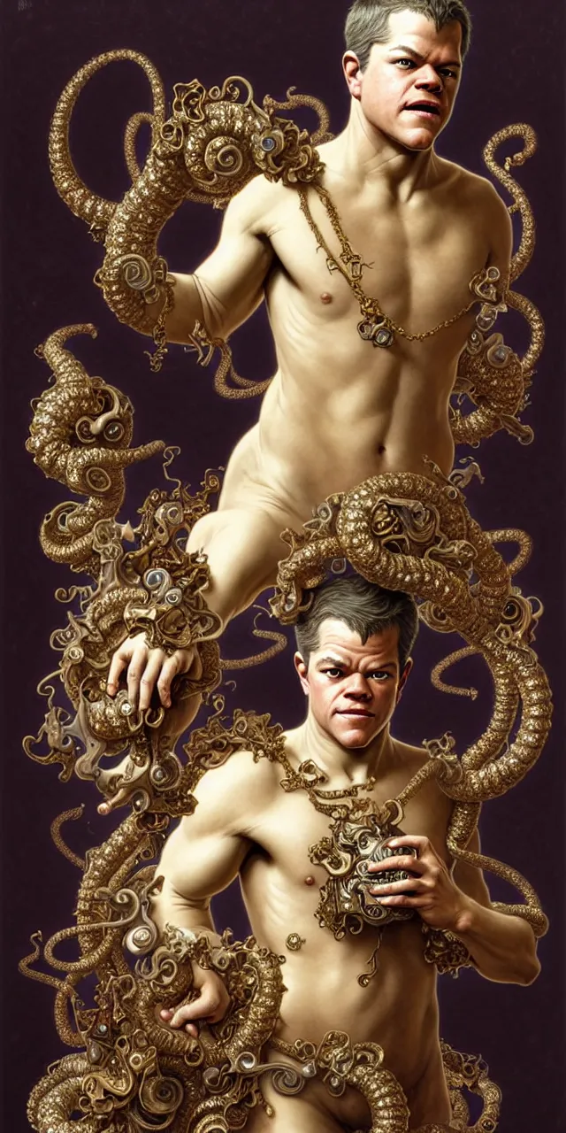 Image similar to handsome matt damon baroque rococo fantasy character portrait, ultra realistic, intricate details, the fifth element artifacts, highly detailed by peter mohrbacher, hajime sorayama, wayne barlowe, boris vallejo, aaron horkey, gaston bussiere, craig mullins alphonse mucha, rococo curves swirls and spirals, flowers pearls beads crystals jewelry goldchains scattered