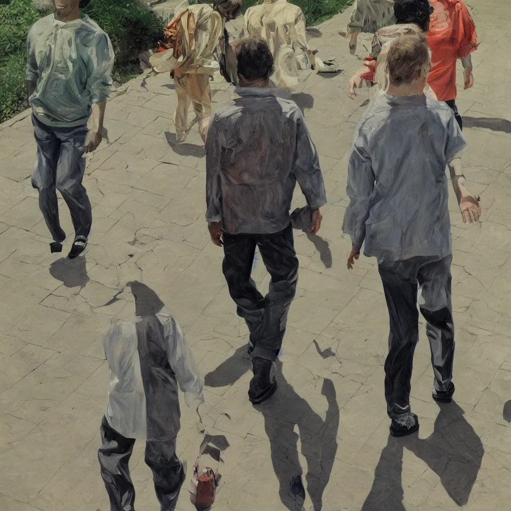 Image similar to high quality high detail painting of todd solondz walking with a friend by lucian freud and kuvshinov ilya and francis bacon, hd, photorealistic lighting