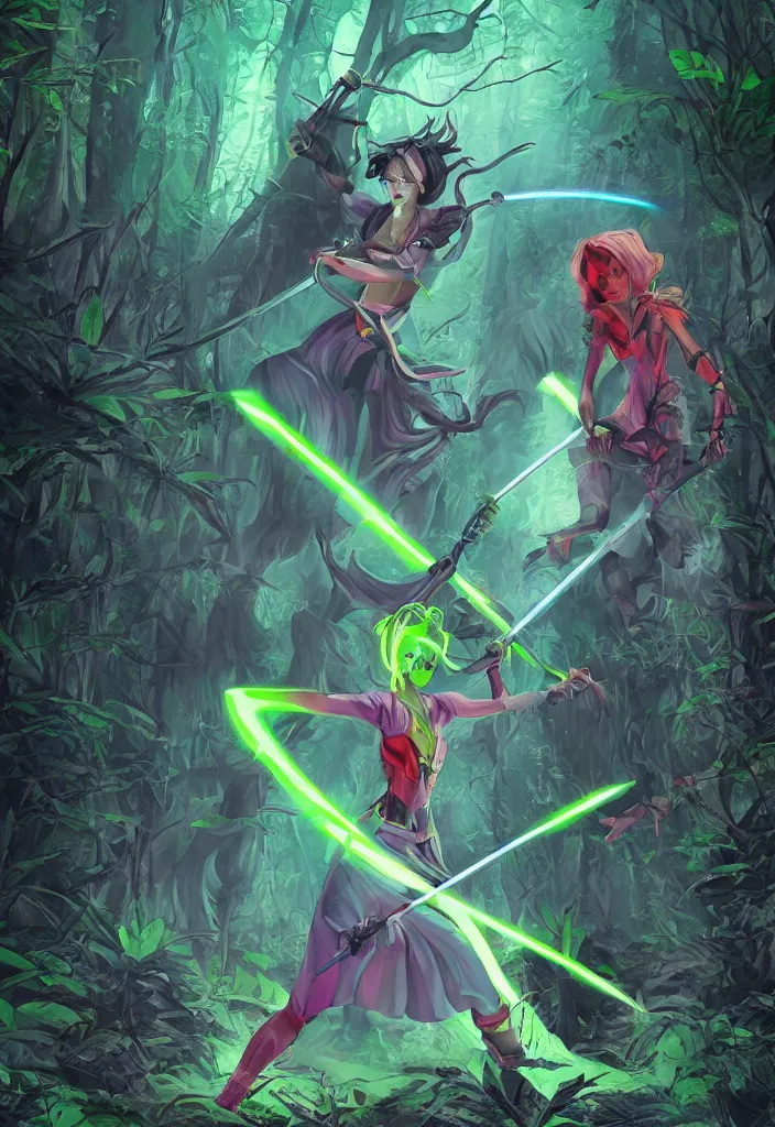 Image similar to , woman with illuminated sword and android with neon gloves fighting a shadow demon in the forest, grand scale , digital effects fantasy ,digital art, illustration, stylized, cel shaded