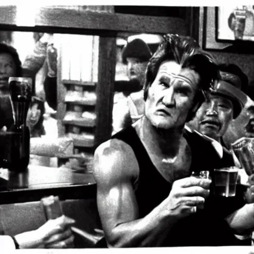 Image similar to deleted scene from Big trouble in little China, Jack Burton drinking beer, Chinatown bar, amazing shot, 1987