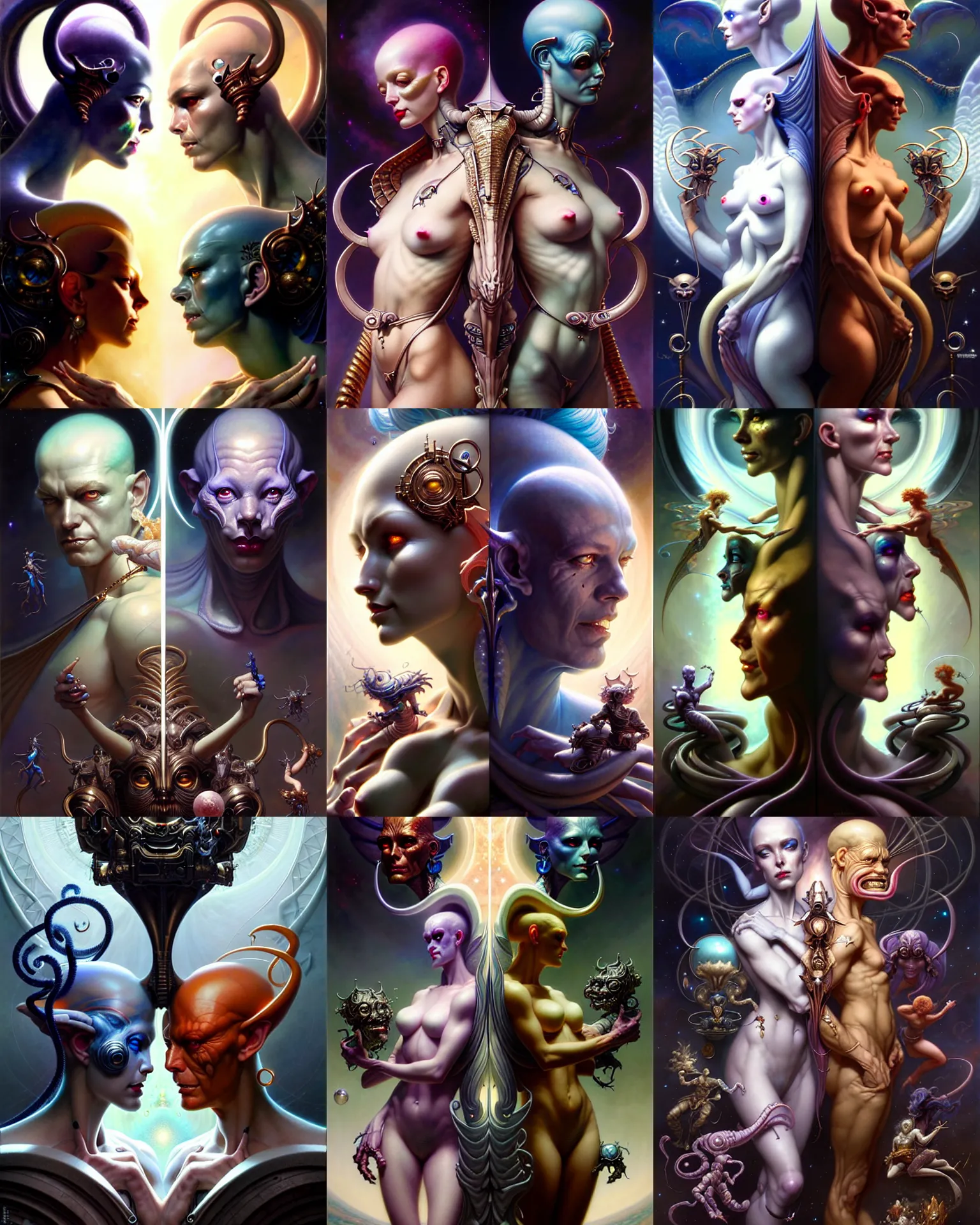 Image similar to beautiful gemini good and evil, happy and sad faces, fantasy character portrait, ultra realistic, wide angle, intricate details, the fifth element artifacts, highly detailed by peter mohrbacher, boris vallejo, hajime sorayama, wayne barlowe, aaron horkey, gaston bussiere, craig mullins