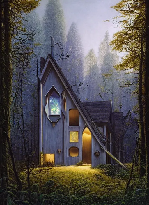 Image similar to hyper realistic witchy modern house with mood lighting and technology in the woods gorgeous lighting, blue sky, highly detailed, lush forest foliage painting by zdzisław beksinski and norman rockwell and greg rutkowski weta studio, and lucasfilm