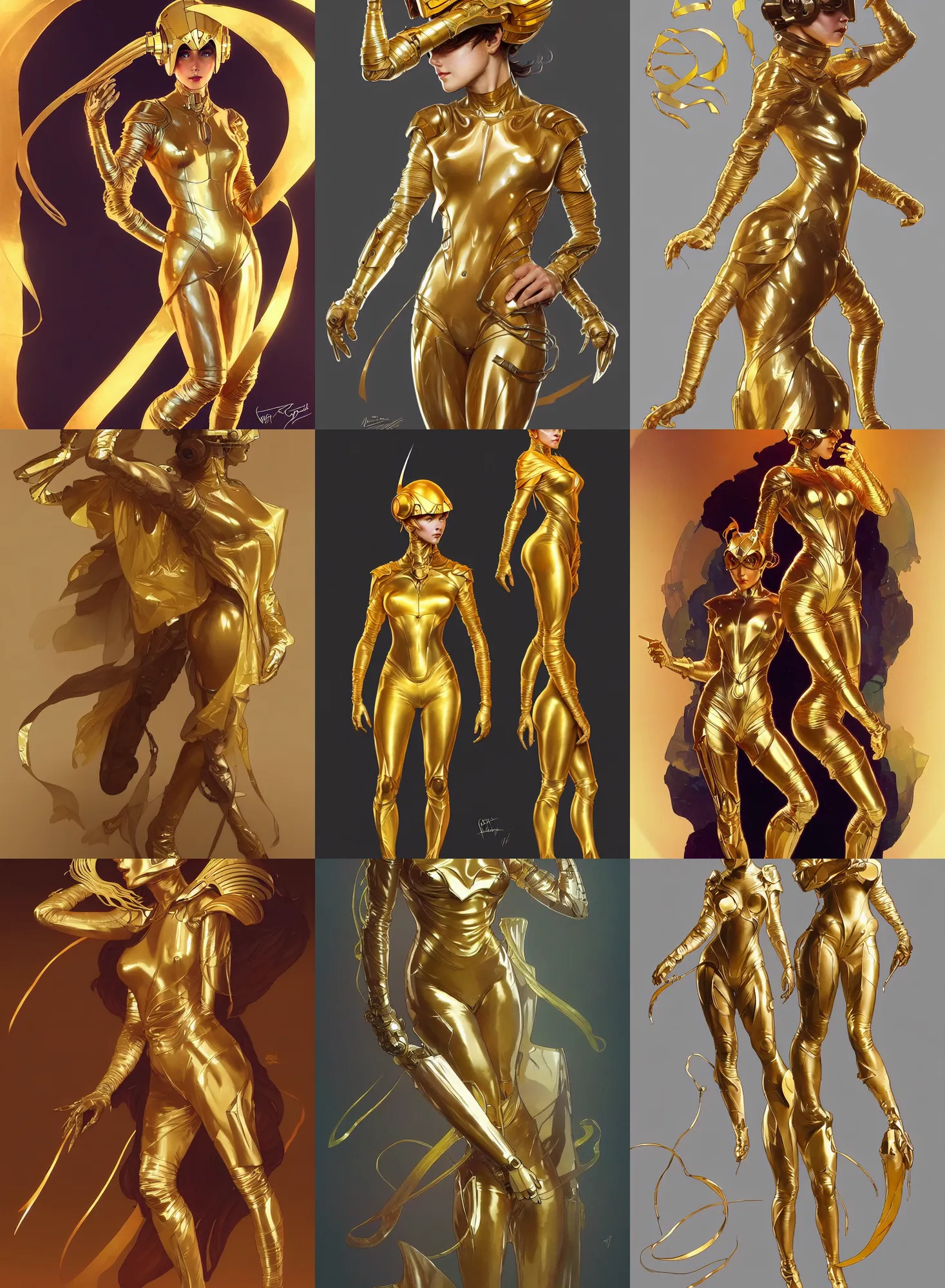 Prompt: a full body character design by artgerm, greg rutkowski and alphonse mucha. sci - fi dagger. golden and translucent plastic tape project show attctive showgirl!! sci - fi helmet!! sharp edges. contour light effect!!. ultra detailed, elegant, intricate, octane render.