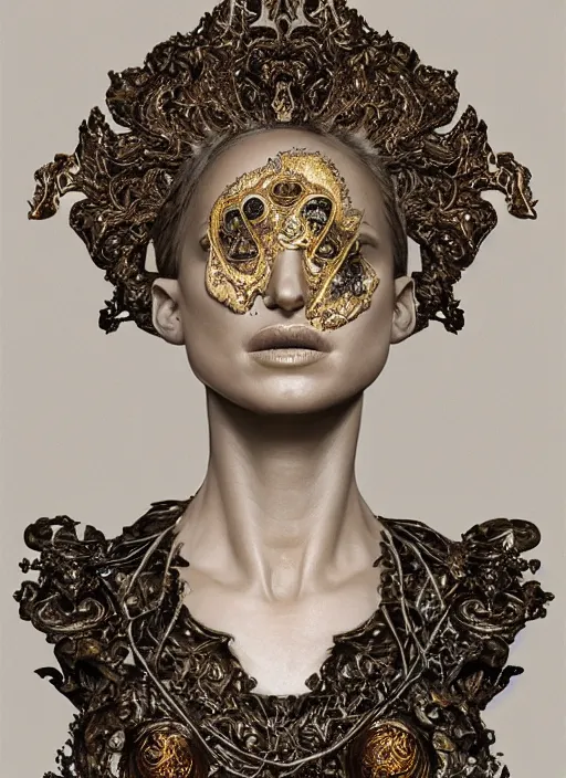 Image similar to marble sculpture of natalie portman, oil slick, palladium veins, dripping, mandelbulb, hypercube, ferrofluid, ivory carving, fractal paisley inlay, lace, intricate, elegant, highly detailed, gold inlay, metallic, ivory, artgerm, lace, by ruan jia, greg rutkowski, mucha, zbrush, nick alm