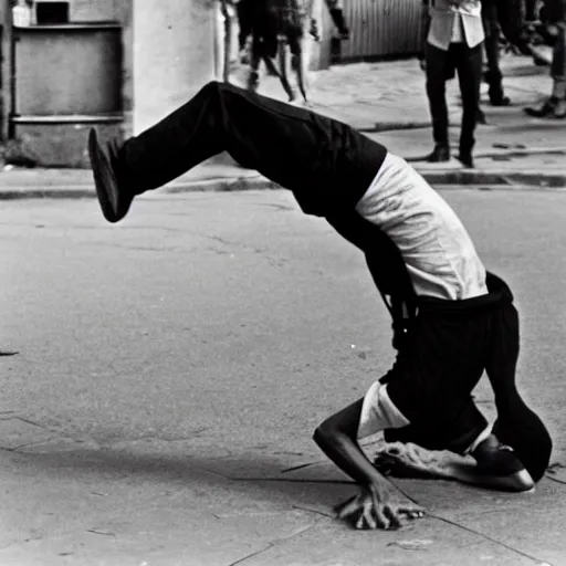 Prompt: A man on fire doing a backflip in the street, photographed by Henri Cartier-Bresson on a Leica camera