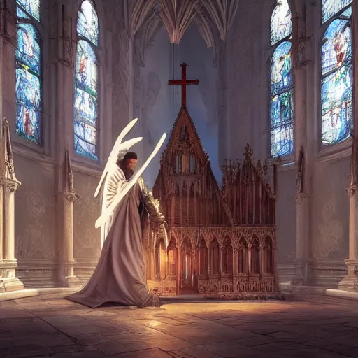 Image similar to angel protecting man who is praying inside a gothic church by Stanley Artgerm Lau, WLOP, Rossdraws, James Jean, Andrei Riabovitchev, Marc Simonetti, Yoshitaka Amano, ArtStation, CGSociety