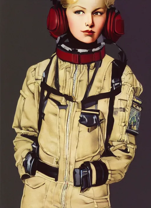 Prompt: an octane render 1 9 9 8 fashion photography portrait of a russian girl detailed features wearing a cargo pilot suit designed by balenciaga by norman rockwell and