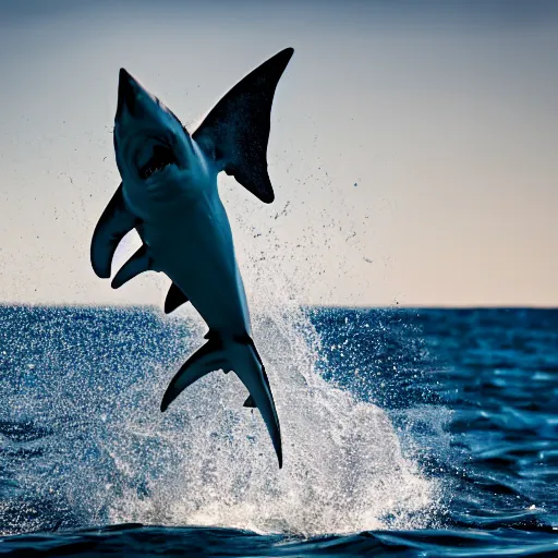 Image similar to action photo of shark jumping from surface of the sea, from nature journal, 1 / 1 0 0 0 sec shutter, action photo, sigma 1 0 5 mm f 2. 8