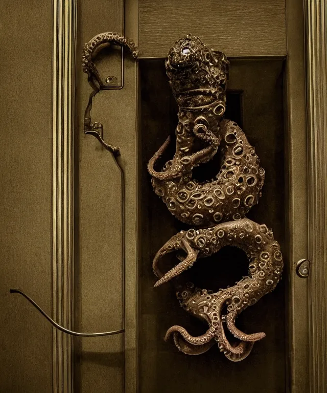 Image similar to horrifying full color photorealistic image an old hotel elevator lobby, elevator doors look like a mouth, with a tentacle - shaped tongue, licking out, dark, atmospheric, brooding, smooth, finely detailed, cinematic, epic, in the style of lee gibbons