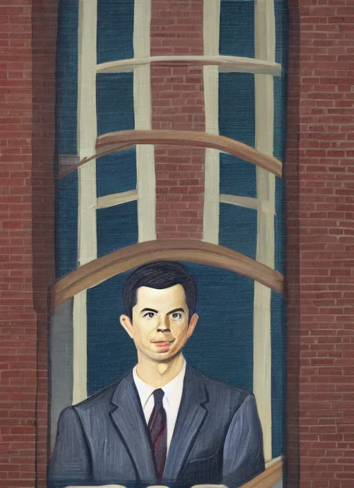 Prompt: painted portrait of pete buttigieg in front of the netflix offices, by grant wood, regionalism style