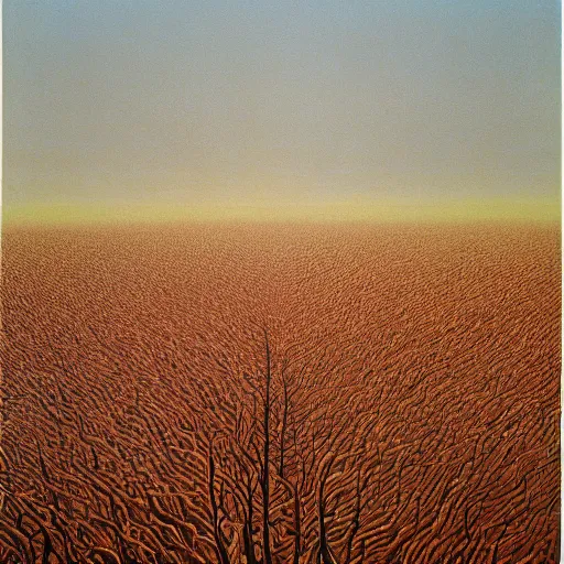 Image similar to blighted fields by Zdzisław Beksiński, oil on canvas