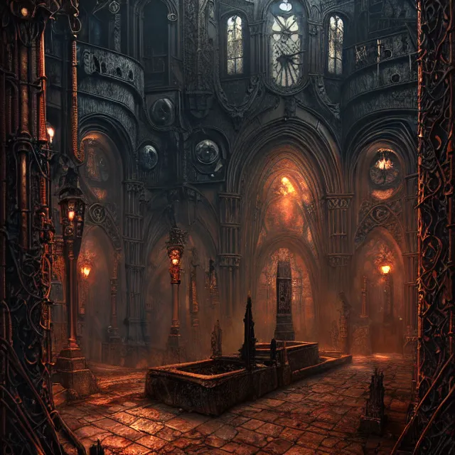 Image similar to steam necropolis, memento mori, gothic, neo - gothic, art nouveau, hyperdetailed copper patina medieval icon, stefan morrell, philippe druillet, ralph mcquarrie, concept art, steampunk, unreal engine, detailed intricate environment, octane render, moody atmospherics, volumetric lighting, ultrasharp, ominous, otherworldly