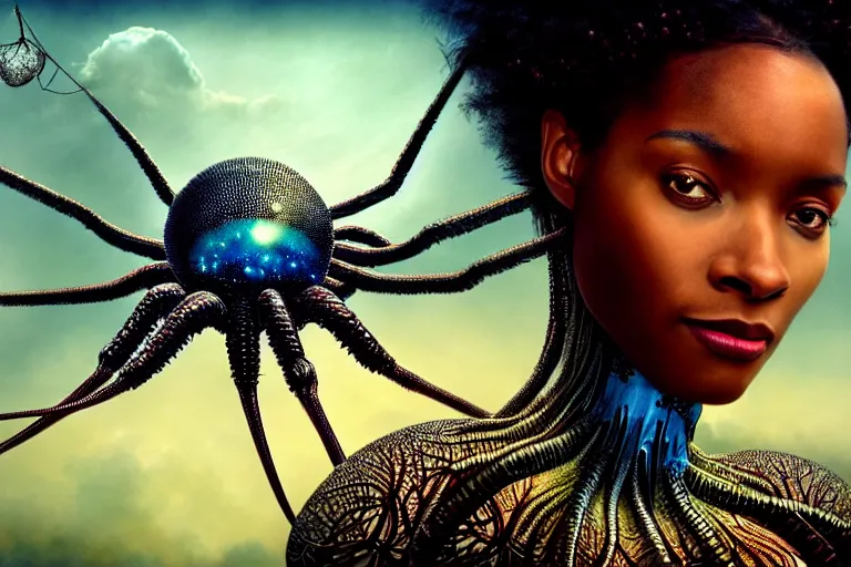 Image similar to realistic detailed closeup portrait movie shot of a beautiful black woman on a giant spider, dystopian city landscape background by denis villeneuve, amano, yves tanguy, alphonse mucha, ernst haeckel, edward robert hughes, roger dean, cyber necklace, rich moody colours, sci fi patterns, wide angle