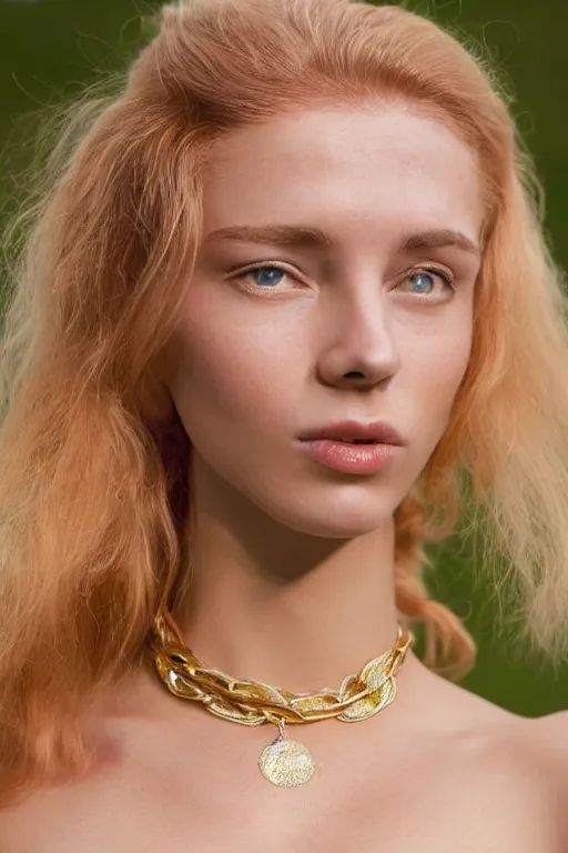 Image similar to vintage photograph of an olive skinned female model with strawberry blonde hair in her twenties, her hair pinned up, wearing a designer top and one gold standard chain necklace, looking content, focused on her neck, photo realistic, extreme detail skin, natural beauty, no filter, slr, golden hour, 4 k, high definition, selfie