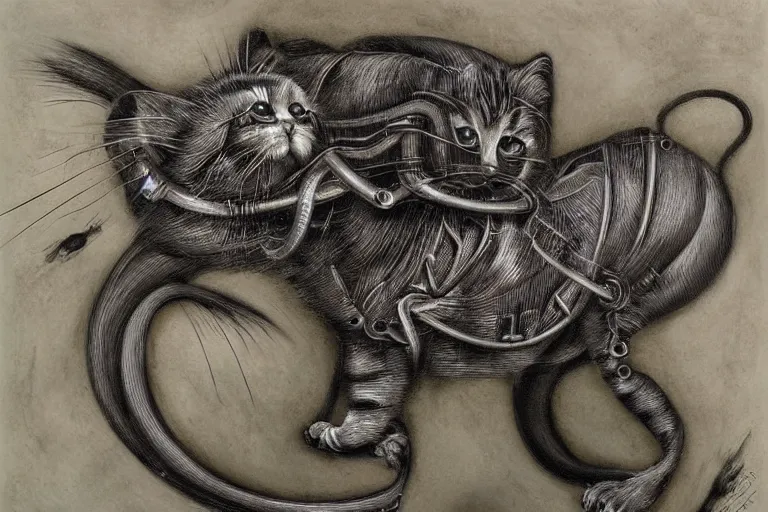 Prompt: Biomechanical kitten by H.R Giger