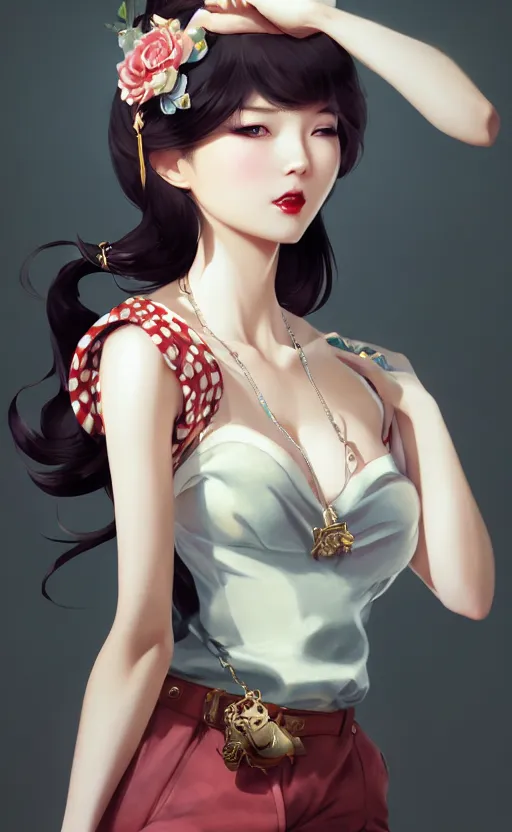 Image similar to a pin up and beautiful fashion charming dreamlke korea girl with lv jewelry, character art, art by artgerm lau and kyoung hwan kim and and ilya kuvshinov and john singer sargent, hyperdetailed, 8 k realistic, symmetrical, frostbite 3 engine, cryengine, dof, trending on artstation, digital art