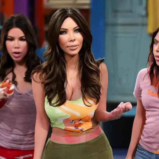 Image similar to Icarly with kim kardashian as Carly, 8k full HD photo, cinematic lighting, anatomically correct, oscar award winning, action filled, correct eye placement,