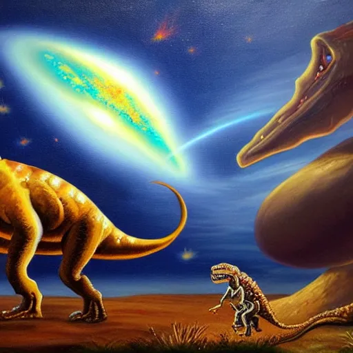 Prompt: masterful oil painting, a meteor crashing to earth while a dinosaur watches it