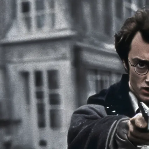 Image similar to Dirty Harry Potter, 1970s crime drama cinematic movie photo, desaturated Arri Alexa 65, DSLR, dof, by Bill Gekas and Bruno Walpoth and Antoine Verney-Carron