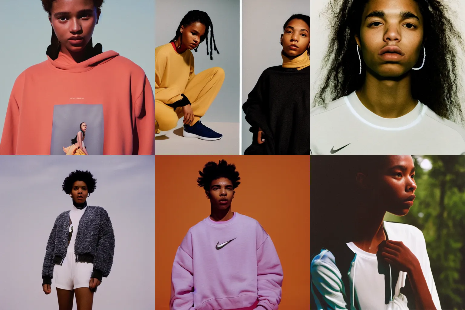 Prompt: realistic photoshooting for a new nike lookbook, color film photography, portrait of a beautiful woman, in style of Tyler Mitchell, 35mm,