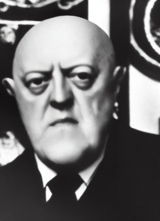 Prompt: black and white cctv footage of aleister crowley