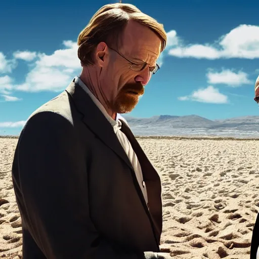 Prompt: Walter White hugging Saul Goodman on the beach, artistic, 8k, cinematic