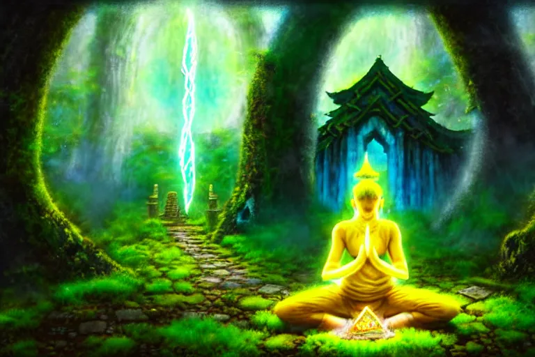 Image similar to a wanderer wearing yellow sits in meditation at an ancient shrine. mossy decrepit ruins in a forgotten land. magical leylines emit streaks of various colors of mana streams. a final fantasy concept splash oil painting of a rogue mage absorbing powers from the dungeon depths in an enchanted garden.