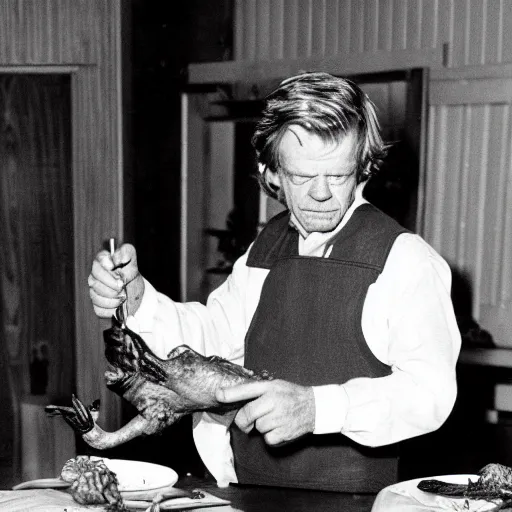 Image similar to William H Macy carving a turkey with a knife during Christmas