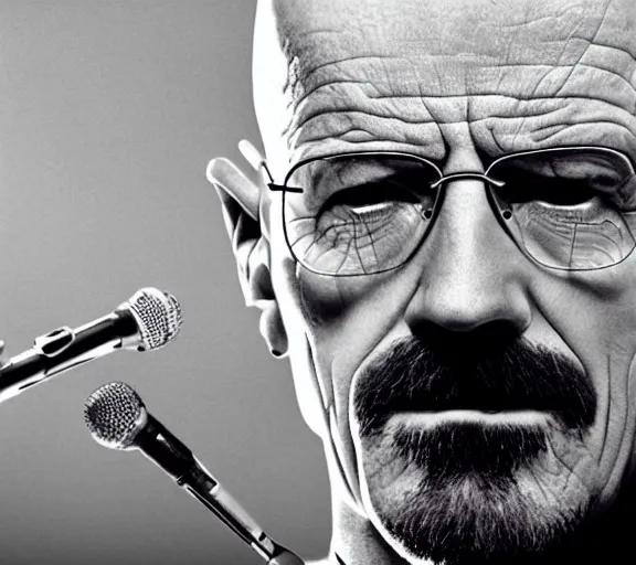 Image similar to walter white singing with a microphone, movie still, close up, dynamic