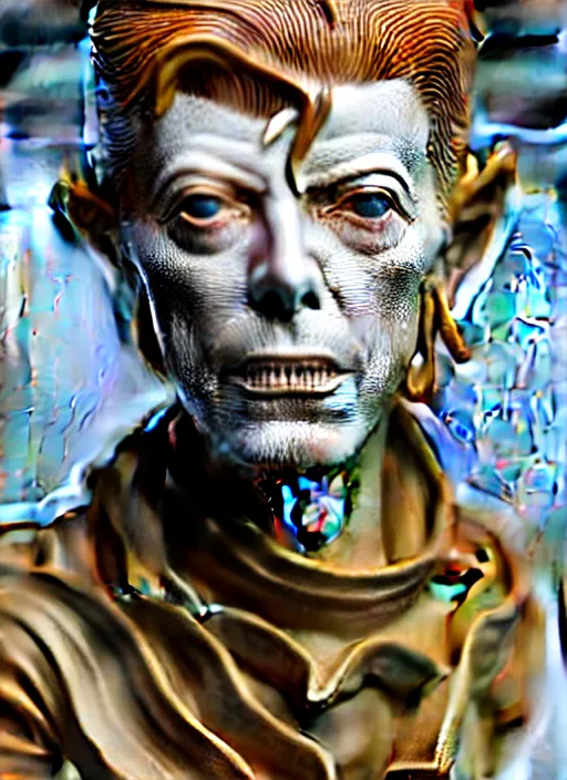 Image similar to David Bowie , A Close up photo-real delicate ceramic porcelain sculpture of a symmetrical ornate detailed in front of an intricate background by Victo Ngai and takato yamamoto, micro detail, backlit lighting, face in focus, subsurface scattering, translucent, thin porcelain, octane renderer, colorful, physically based rendering, japanese pottery, trending on cgsociety