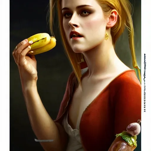 Prompt: portrait of Kirsten Stewart eatkng bananas, extra onions and ketchup, luscious patty with sesame seeds, feminine ethereal, handsome, D&D, fantasy, intricate, elegant, highly detailed, digital painting, artstation, concept art, matte, sharp focus, illustration, art by Artgerm and Greg Rutkowski and Alphonse Mucha