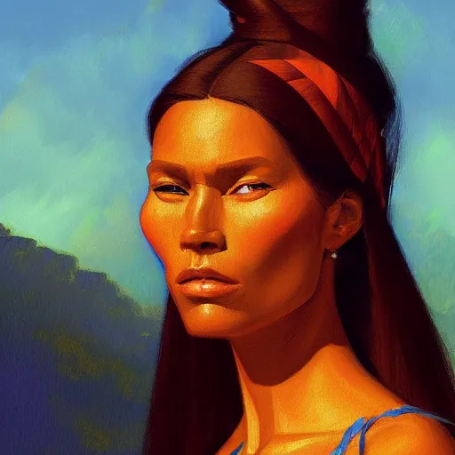 Prompt: portrait of pocahontas, expressive pose, Post-Impressionism, highly detailed, digital painting, artstation, concept art, smooth, sharp focus, by Jean Auguste Dominique Ingres