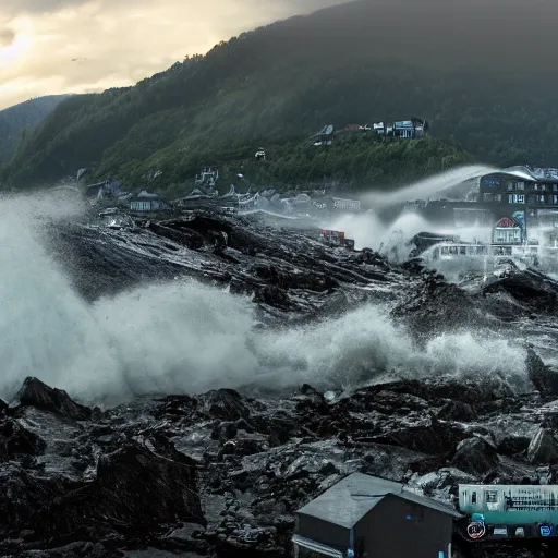 Image similar to a huge tsunami wave hits bergen, realistic, hdr, clear image, hdd, dynamic lighting, rtx on, clear image,