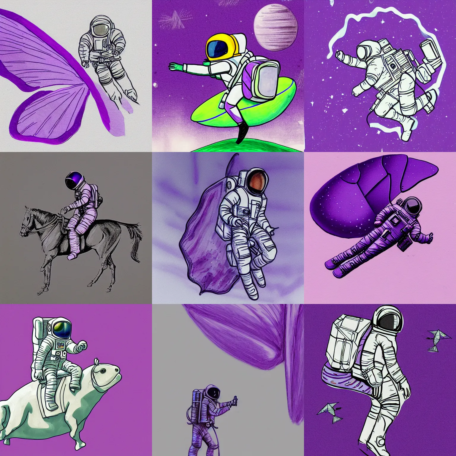 Prompt: an astronaut riding on the back of a giant purple butterfly, detailed sketch